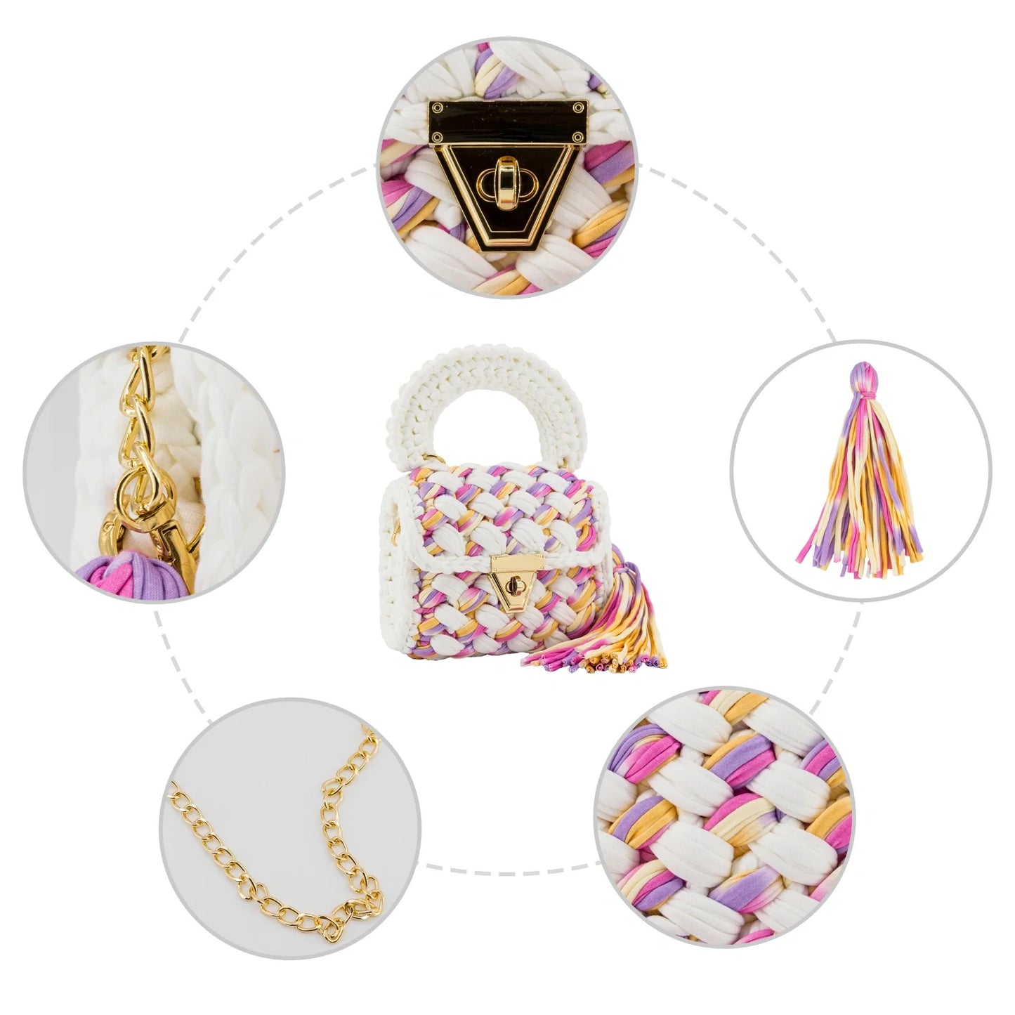 Crochet Handbag with Handle & Tassels-White & Pink
