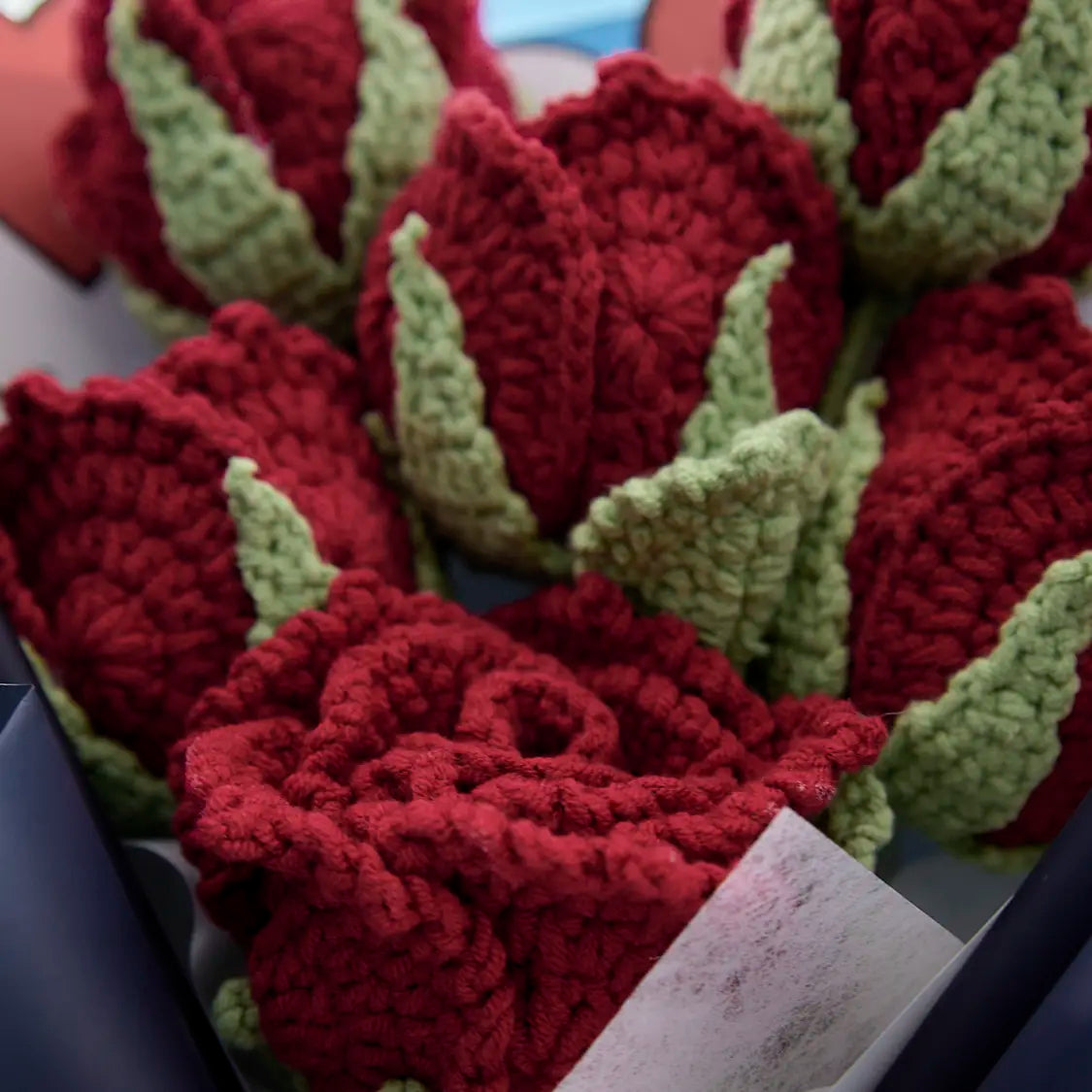 Crochet Cup-Shaped Red Rose Bouquet with Blue Wrapping