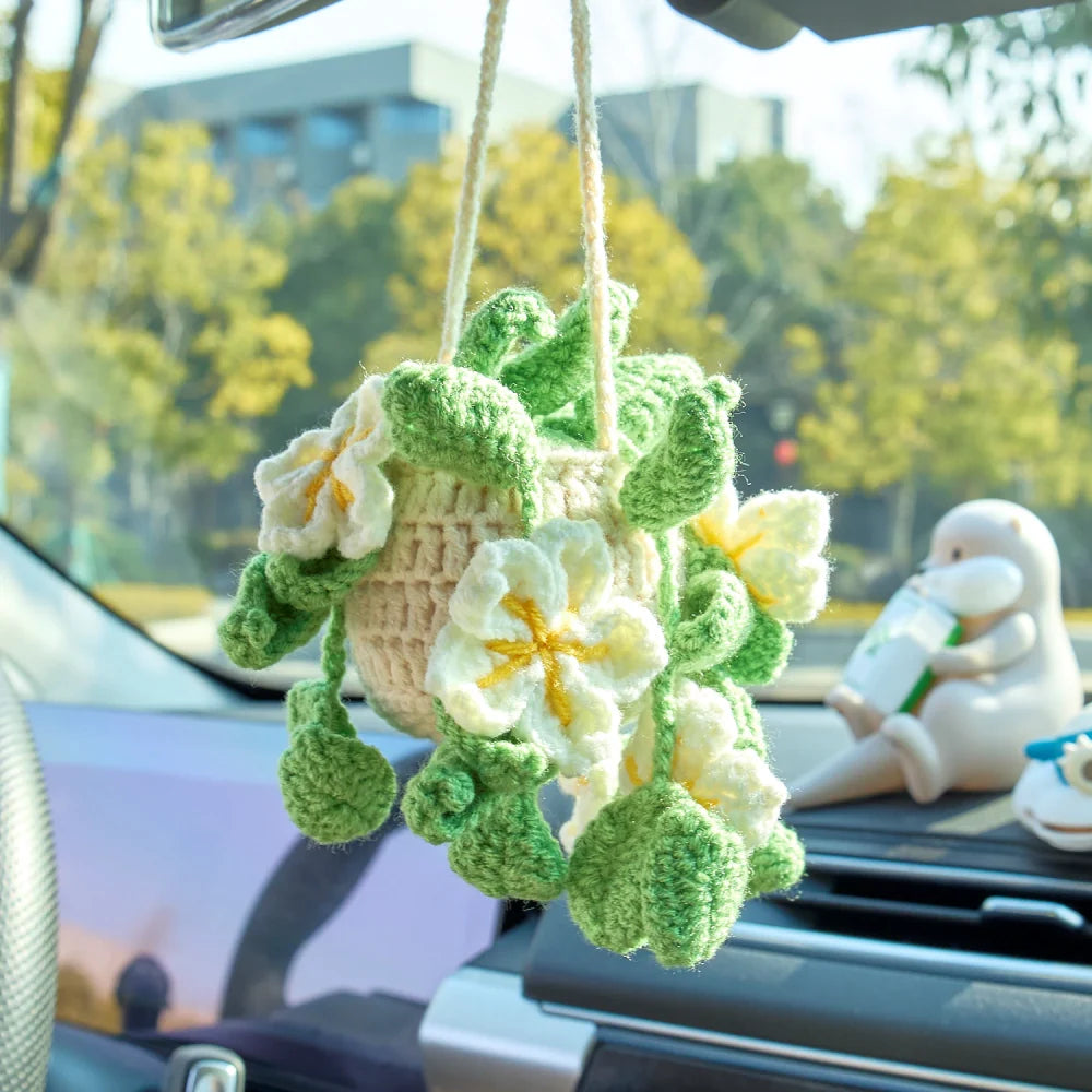 Crochet Hanging with White Flowers & Green Leaves