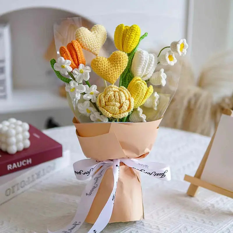 Crochet Rose Tulip Heart Bouquet-Yellow