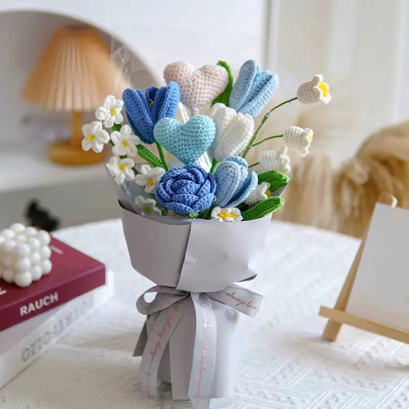 Crochet Rose Tulip Heart Bouquet-Blue