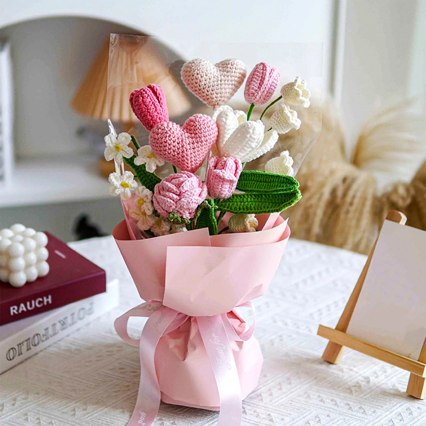 Crochet Rose Tulip Heart Bouquet-Pink