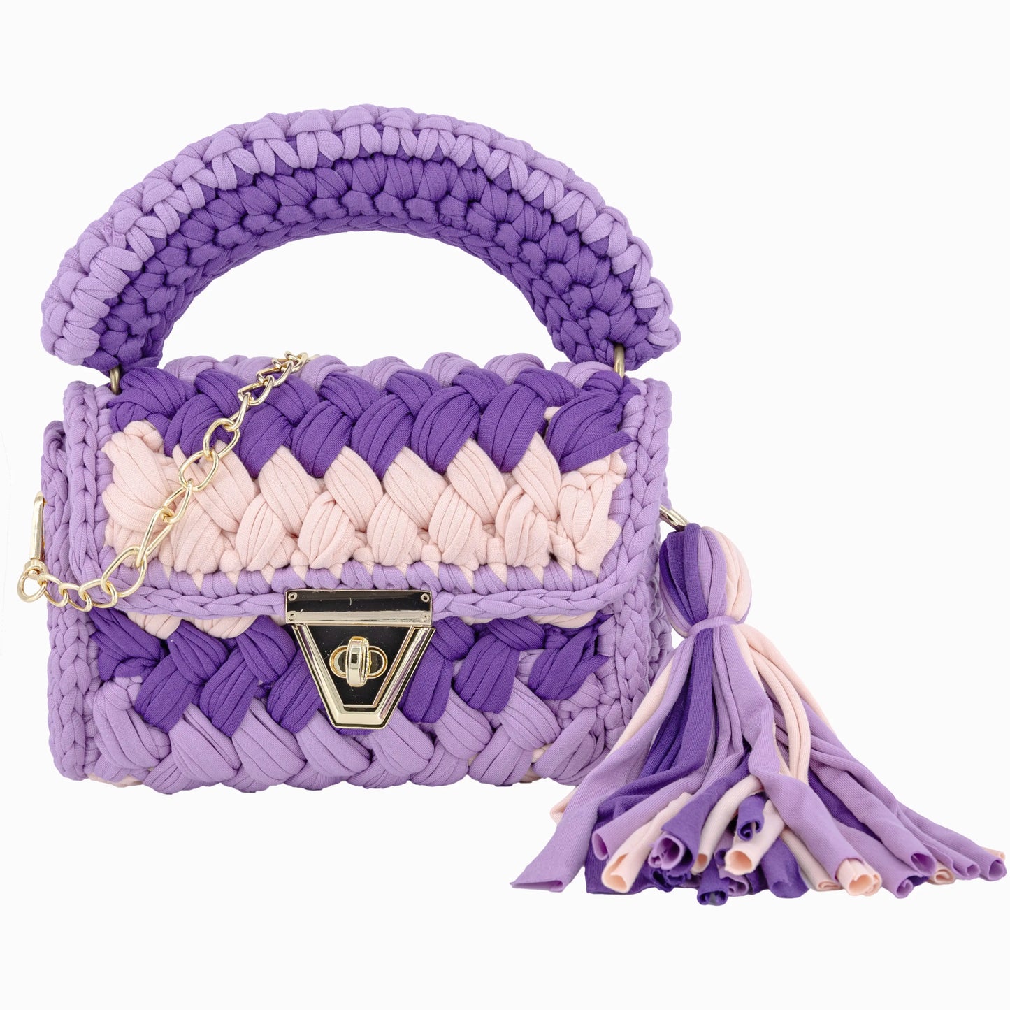 Crochet Handbag with Handle & Tassels-Purple & Pink