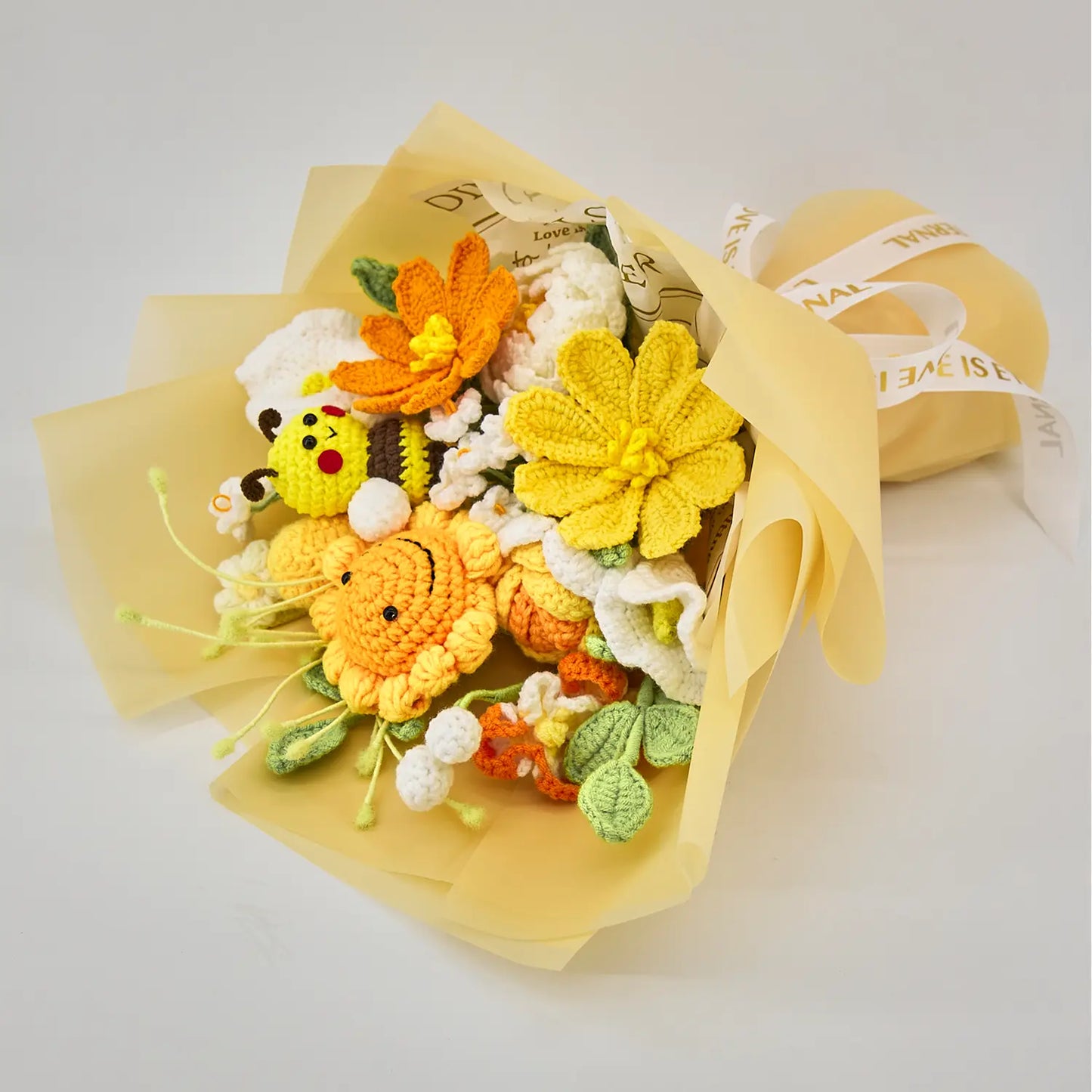 Crochet Sunflower & Bee Bouquet with Yellow Wrapping