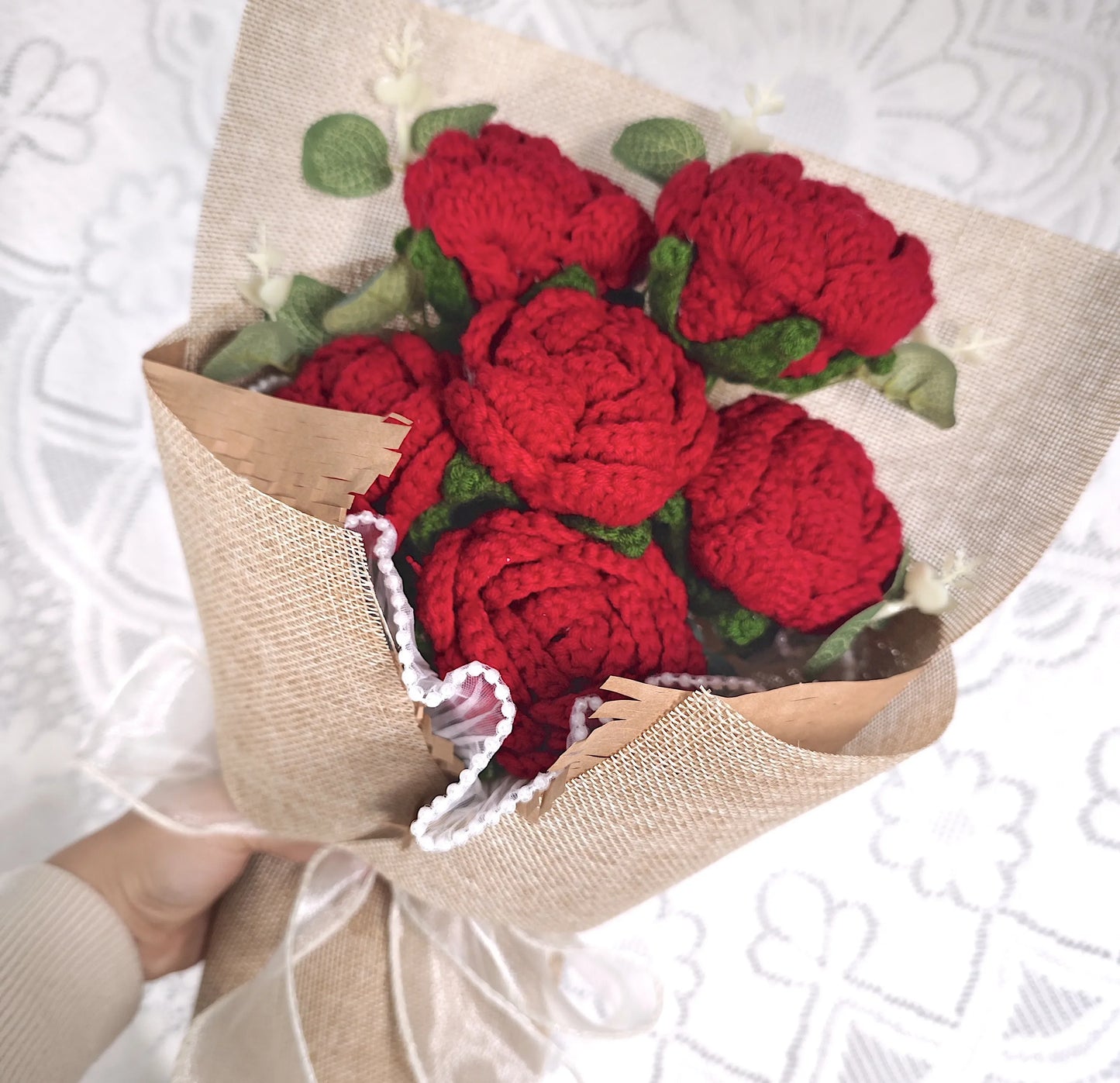 Crochet Red Rose Bouquet with Light Linen Wrapping