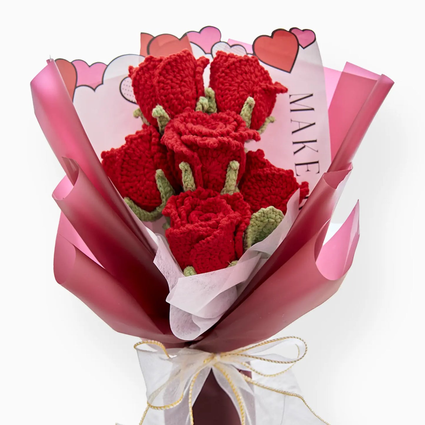 Crochet Cup-Shaped Red Rose Bouquet with Red Wrapping
