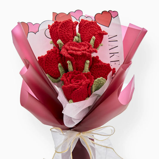 Crochet Cup-Shaped Red Rose Bouquet with Red Wrapping