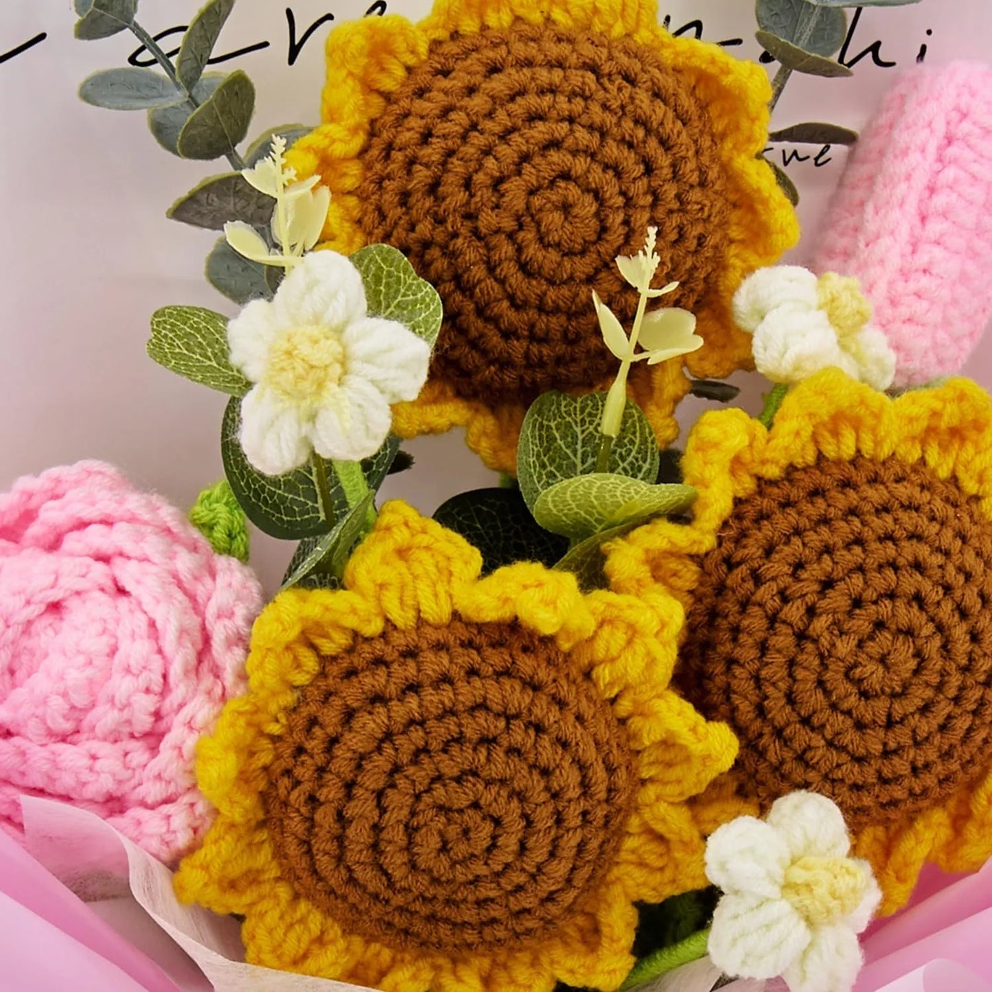 Crochet Sunflower Rose Tulip Bouquet with Pink Wrapping