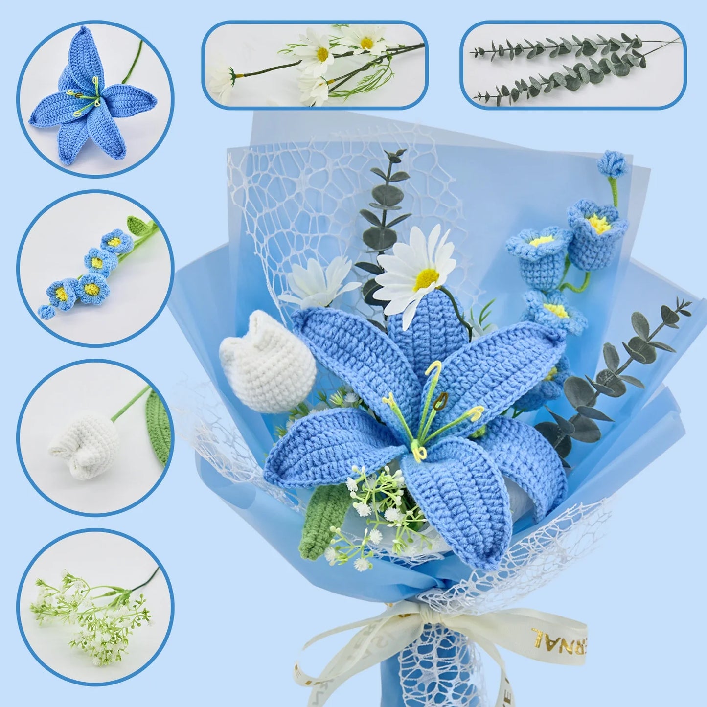 Crochet Big Lily Flower Bouquet-Blue