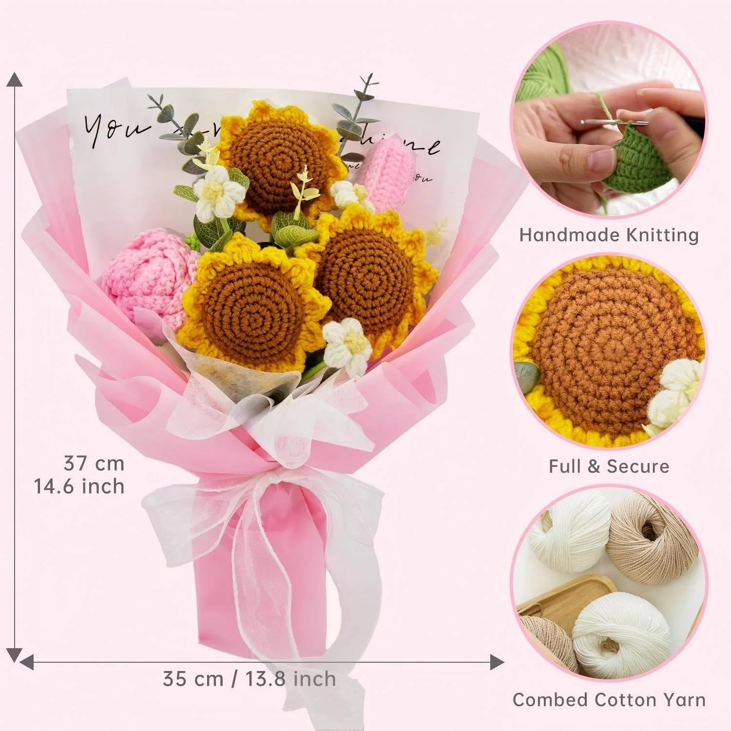Crochet Sunflower Rose Tulip Bouquet with Pink Wrapping