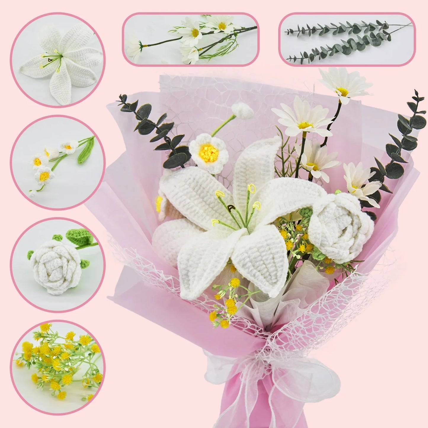 Crochet Big Lily Flower Bouquet-Pink