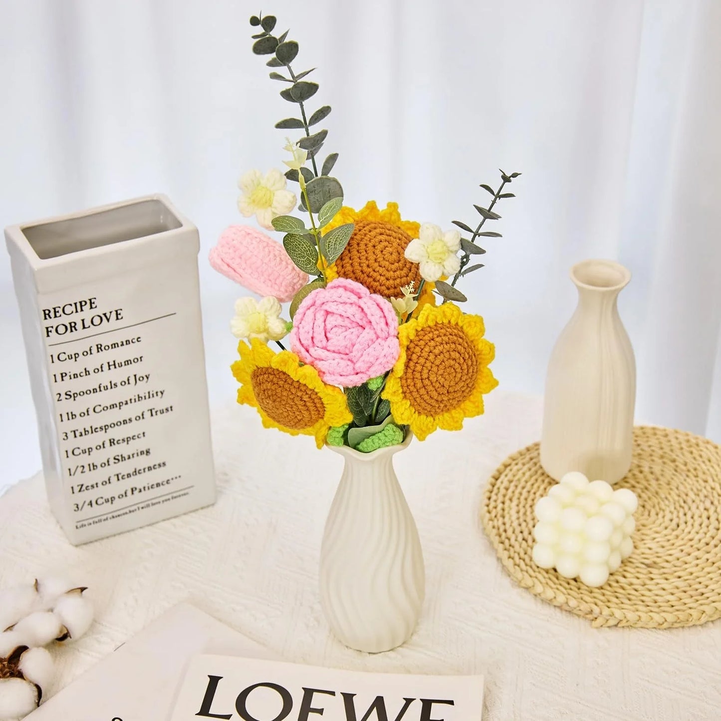 Crochet Sunflower Rose Tulip Bouquet with Pink Wrapping