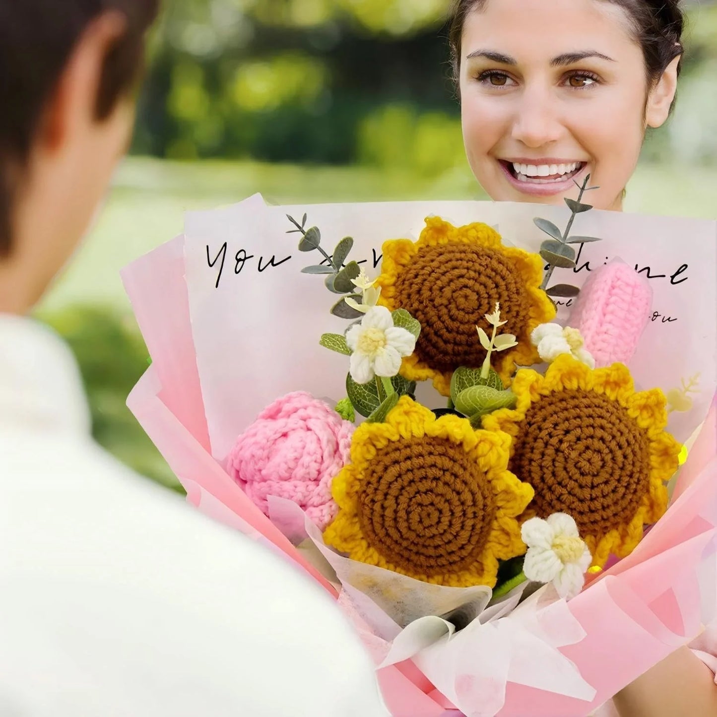 Crochet Sunflower Rose Tulip Bouquet with Pink Wrapping