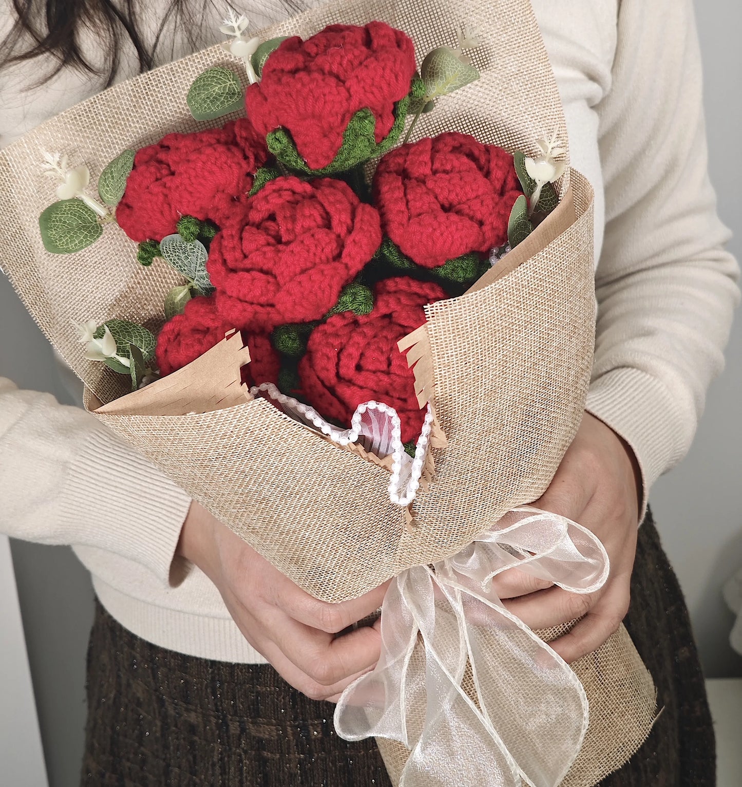 Crochet Red Rose Bouquet with Light Linen Wrapping