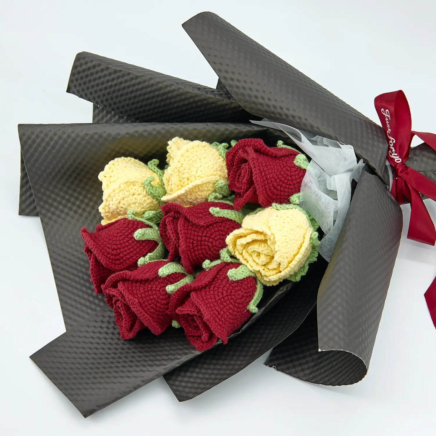 Crochet Cup-Shaped Red & Yellow Rose Bouquet with Black Wrapping