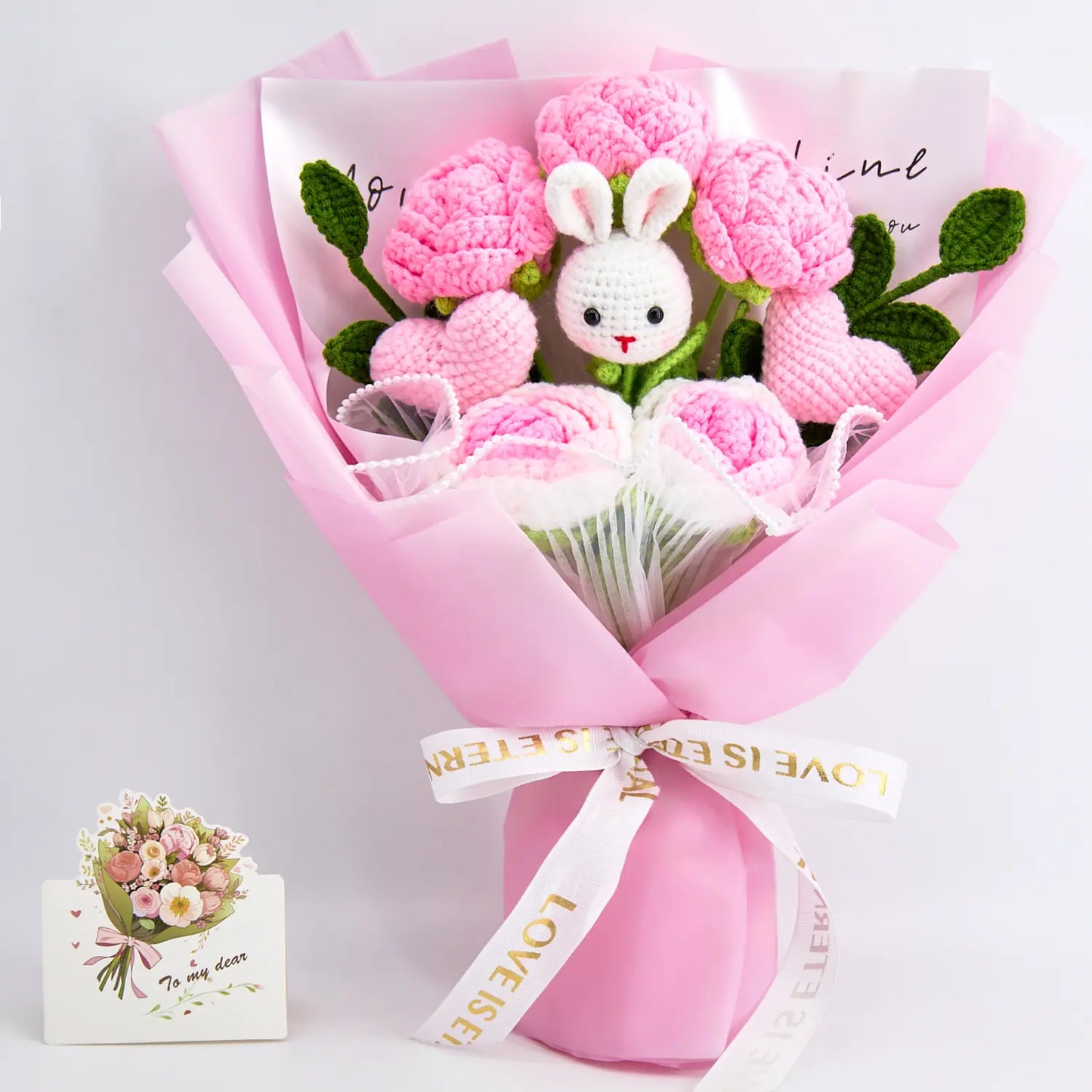 Crochet Bunny & Rose Flower Bouquet