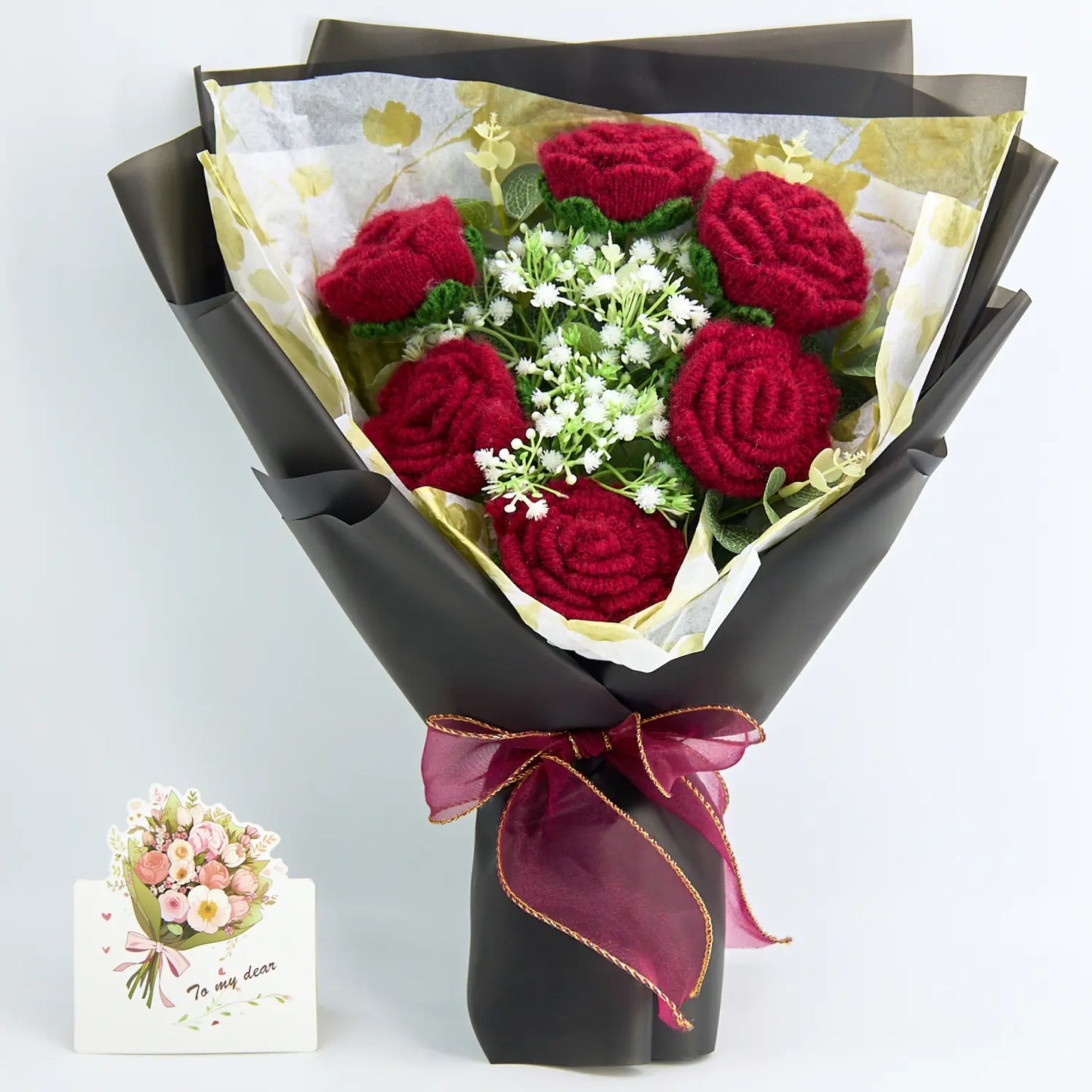 Crochet 6 Red Rose Bouquet with Black Wrapping