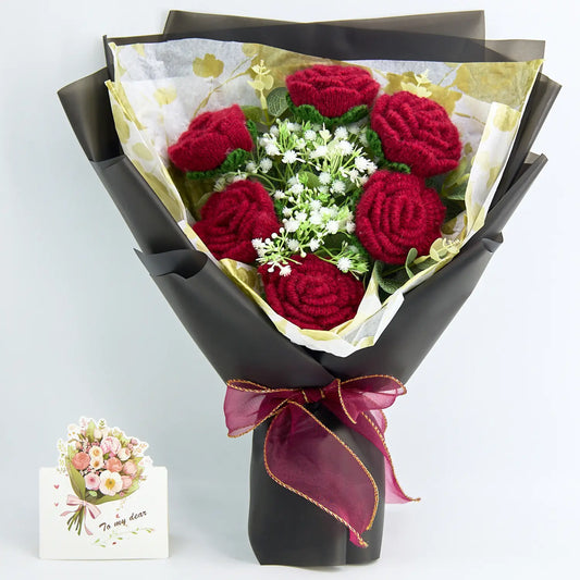 Crochet 6 Red Rose Bouquet with Black Wrapping