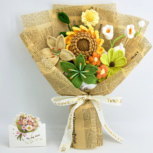 Crochet Sunflower Lily Bouquet with Newspaper Wrapping
