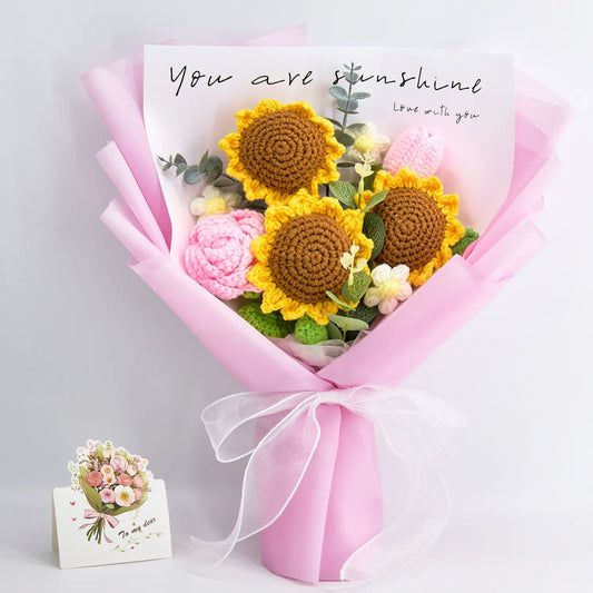 Crochet Sunflower Rose Tulip Bouquet with Pink Wrapping