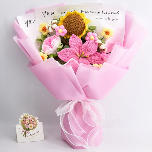 Crochet Lily Sunflower Rose Carnation Bouquet-Pink