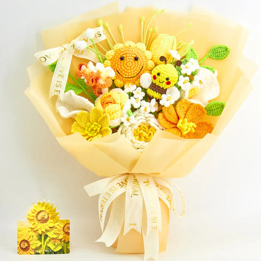 Crochet Sunflower & Bee Bouquet with Yellow Wrapping