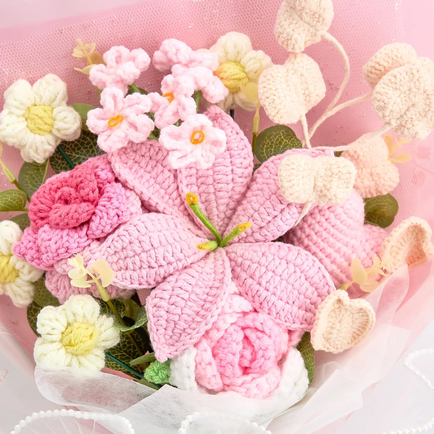 Crochet Pink Lily & Rose Bouquet