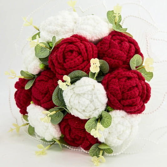 Round Crochet Red & White Rose Bouquet
