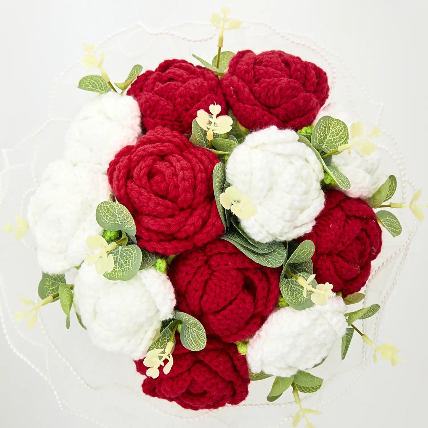 Round Crochet Red & White Rose Bouquet