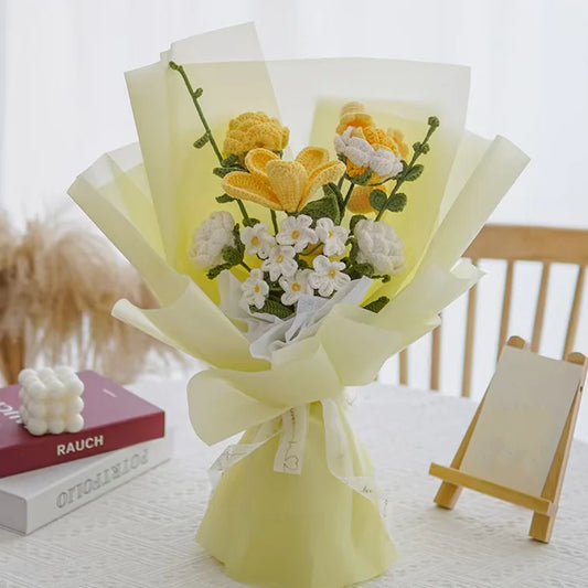 Crochet Tulip Rose Forget-Me-Not Bouquet-Yellow