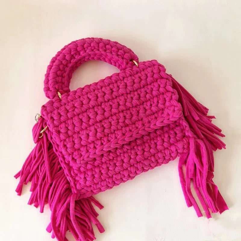 Crochet Handbag with Tassels on Two Sides-Rose Red
