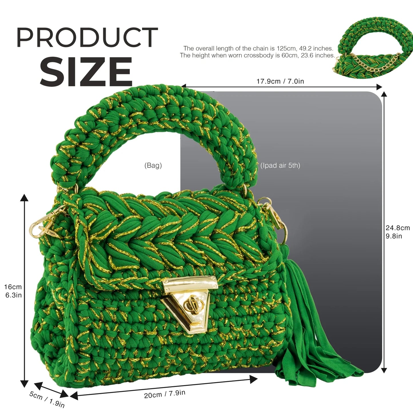 Crochet Handbag with Golden Thread-Green