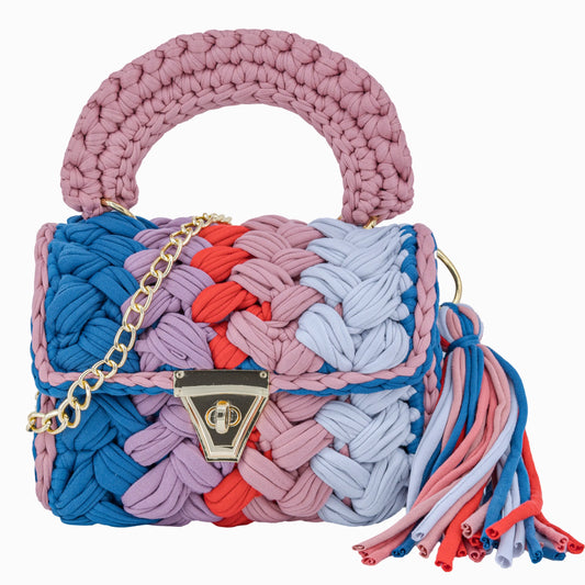 Crochet Handbag with Handle & Tassels-Blue & Pink