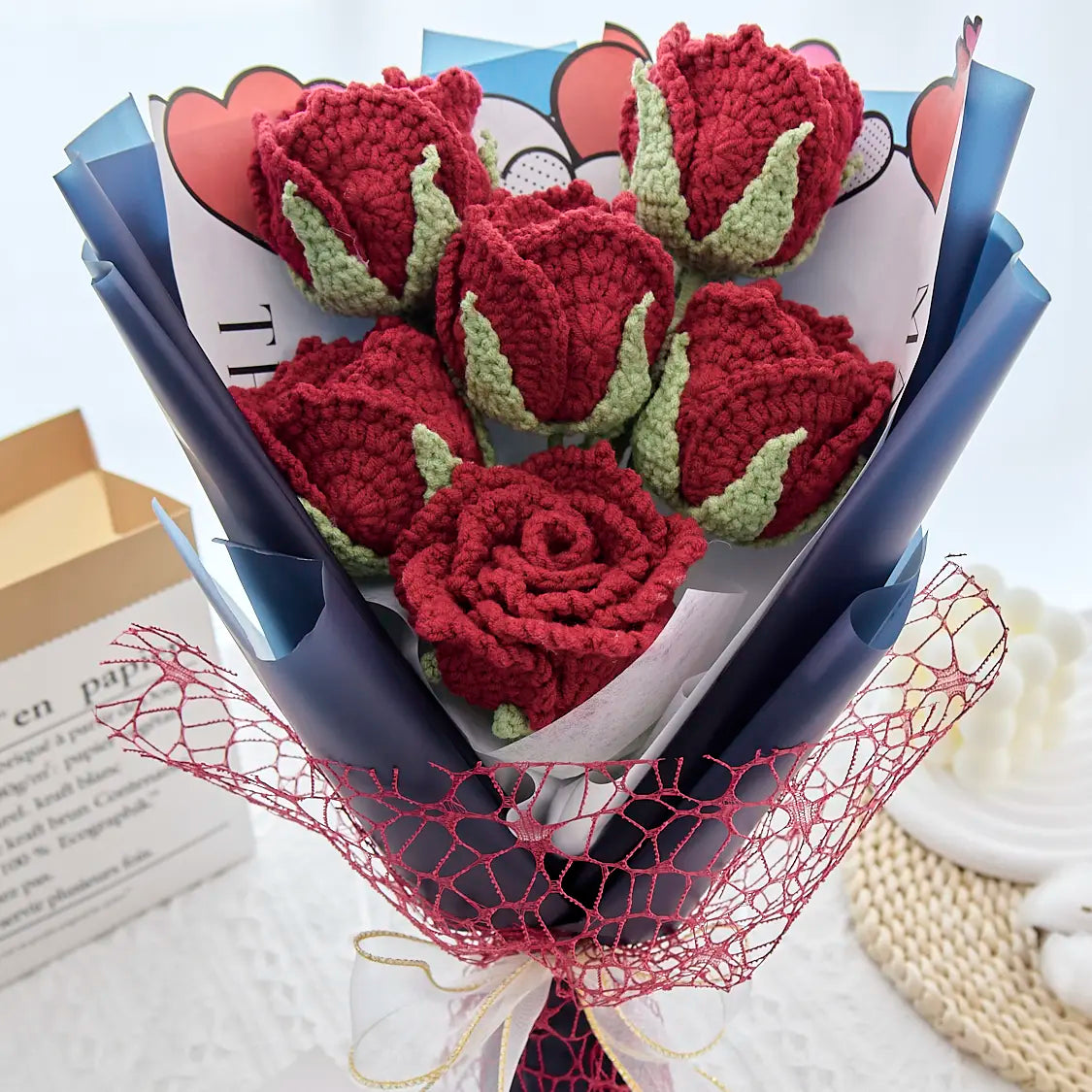 Crochet Cup-Shaped Red Rose Bouquet with Blue Wrapping