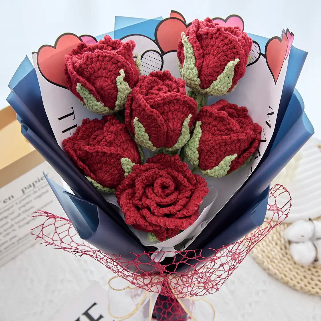 Crochet Cup-Shaped Red Rose Bouquet with Blue Wrapping
