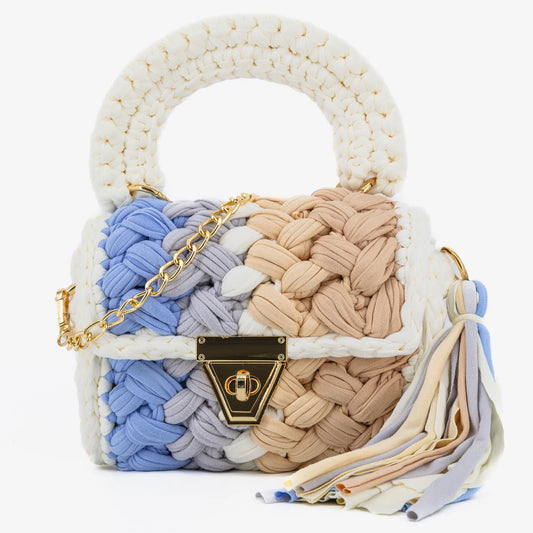 Crochet Handbag with Handle & Tassels-Blue & White