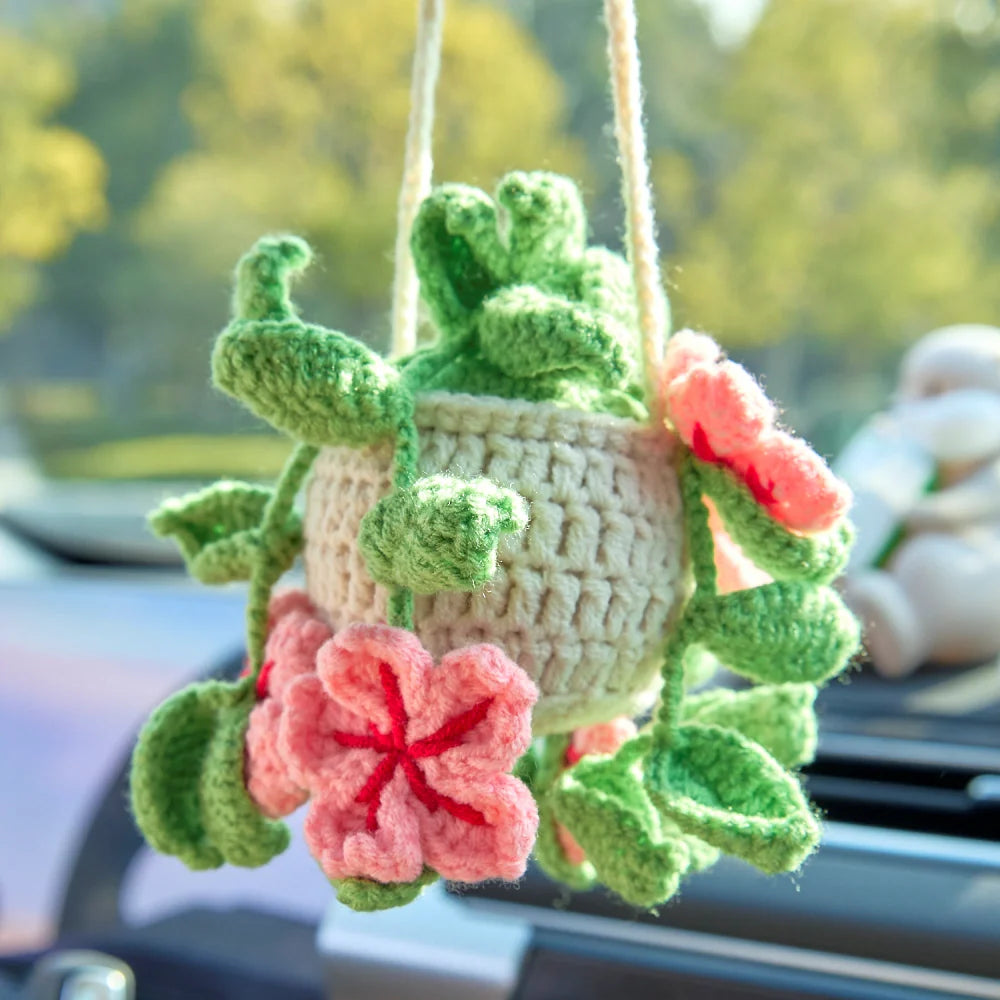 Crochet Hanging with Pink Flowers & Green Leaves