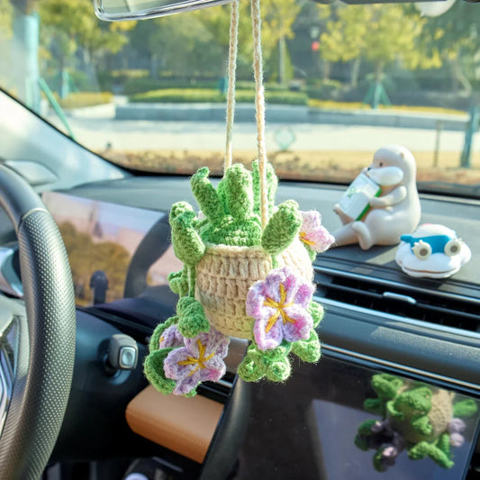 Crochet Hanging with Purple Flowers & Green Leaves