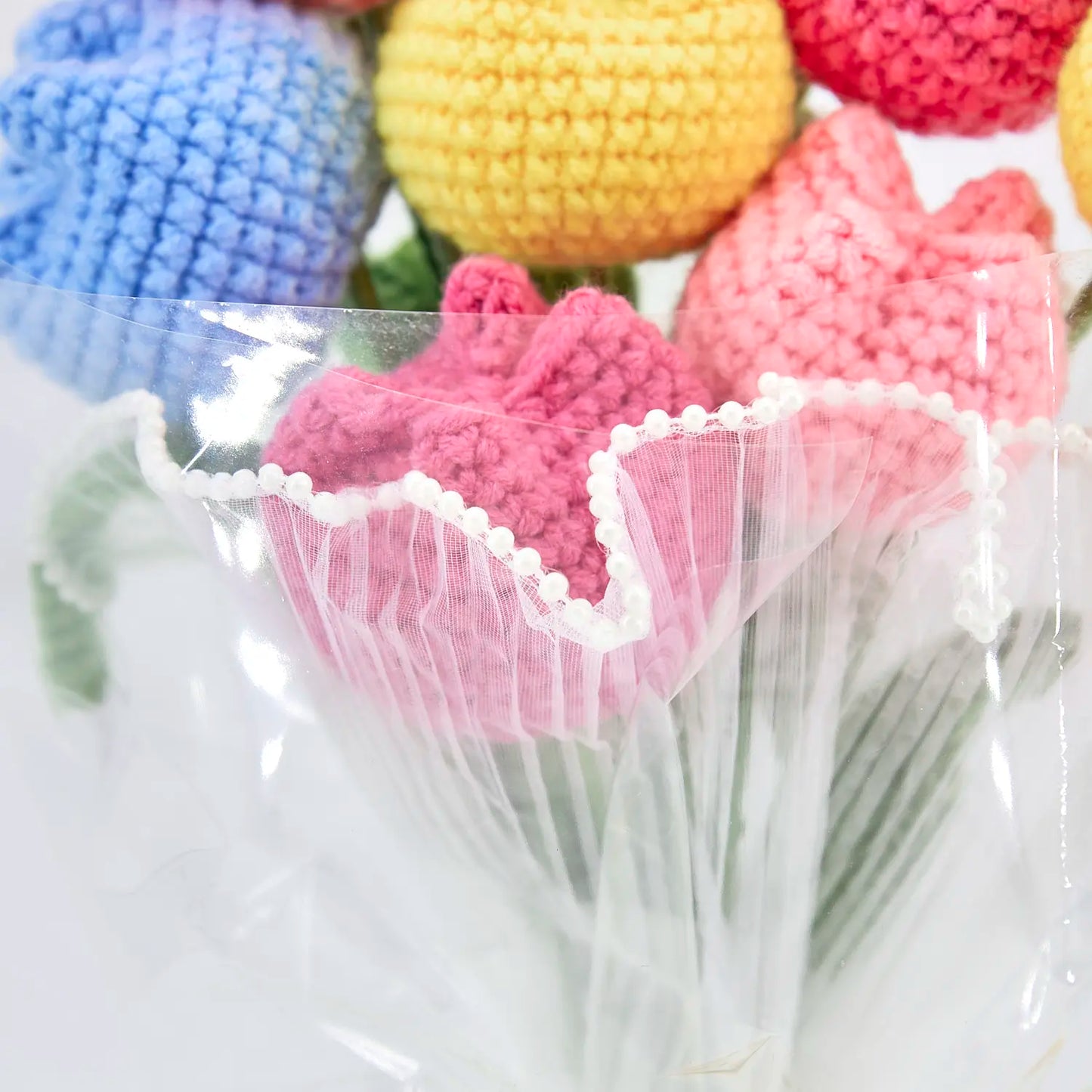 Crochet Colorful Tulip Bouquet with Transparent Wrapping