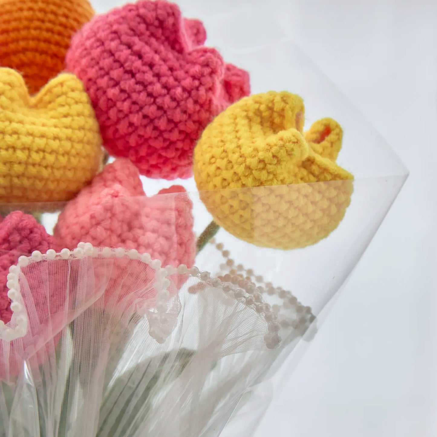 Crochet Colorful Tulip Bouquet with Transparent Wrapping