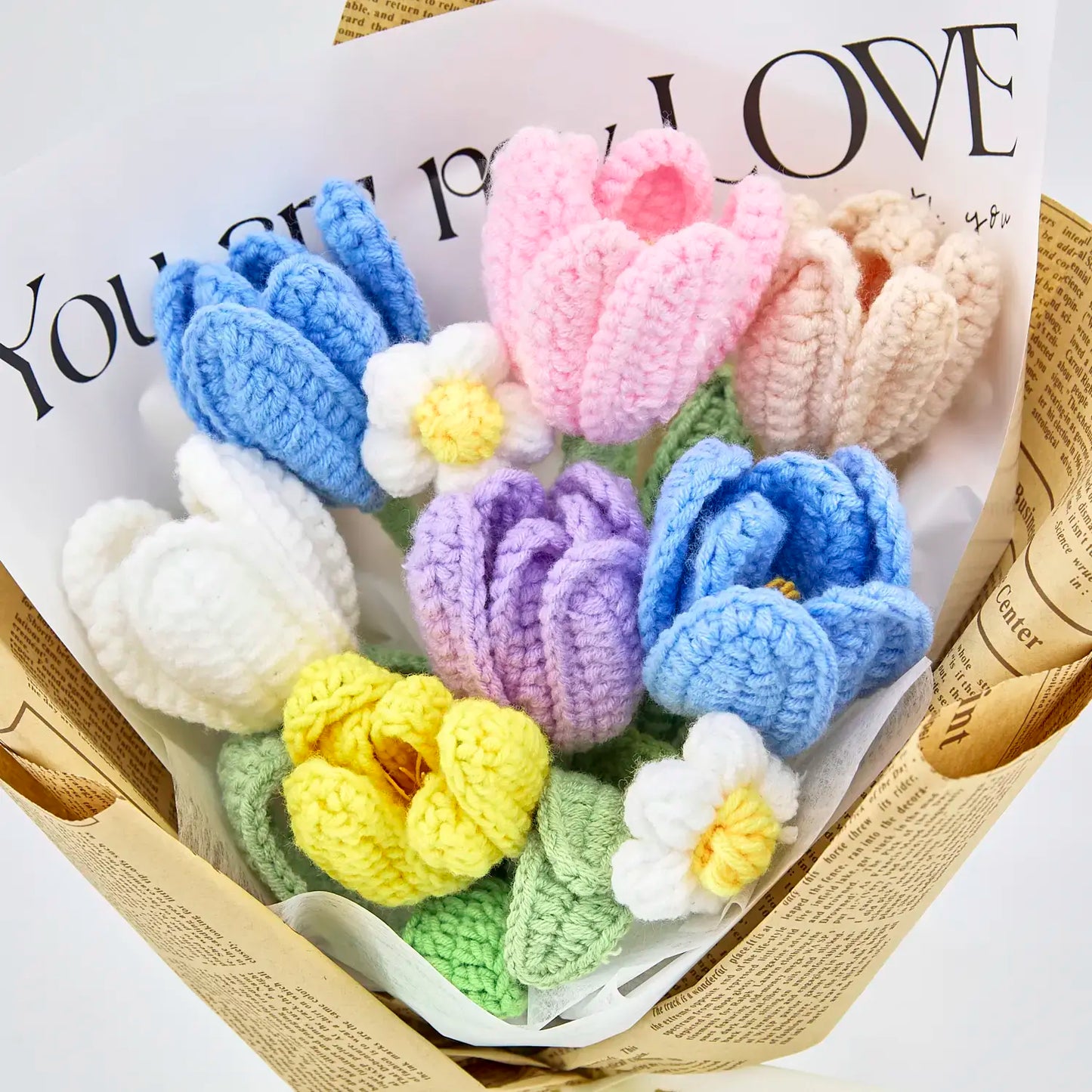 Crochet Tulip Bouquet with Newspaper Wrapping