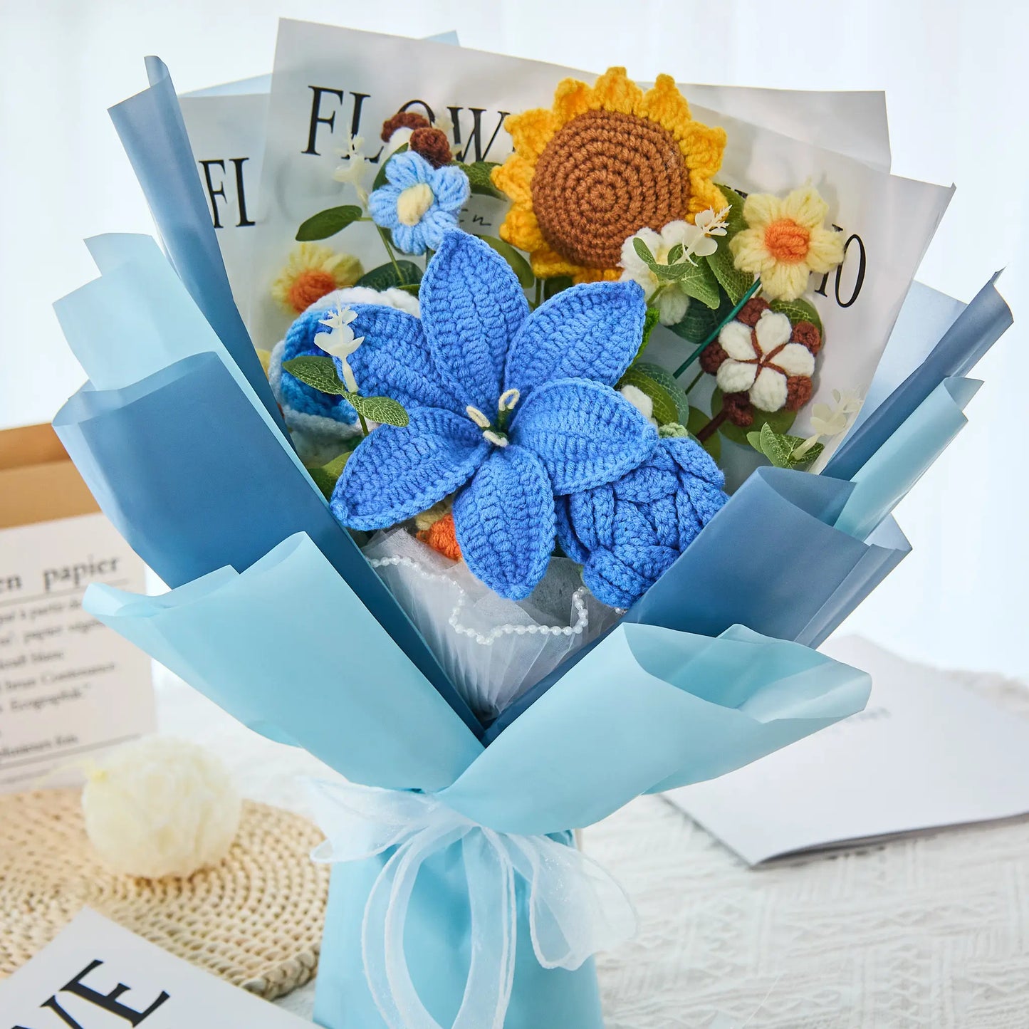 Crochet Lily Sunflower Rose Bouquet-Blue