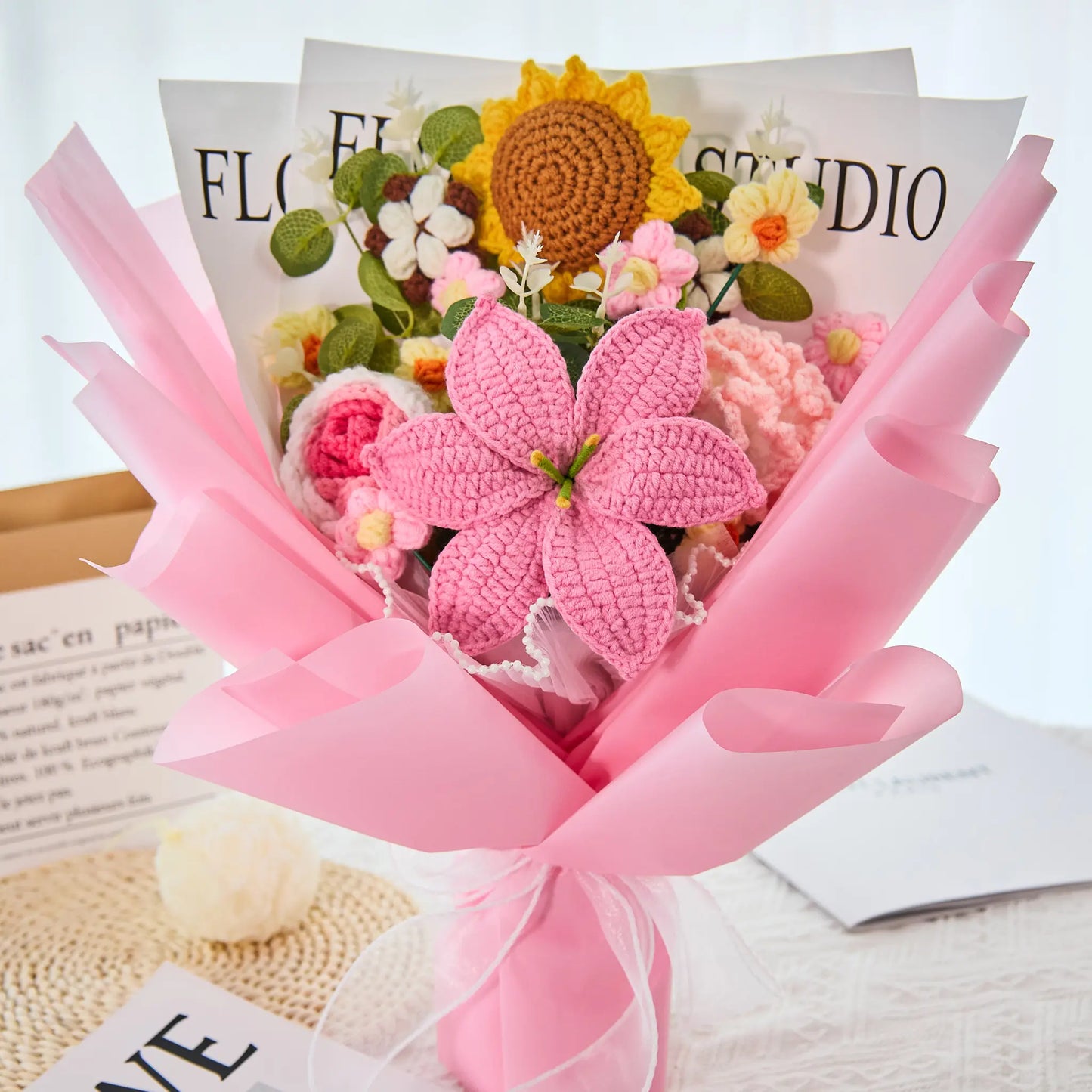 Crochet Lily Sunflower Rose Carnation Bouquet-Pink