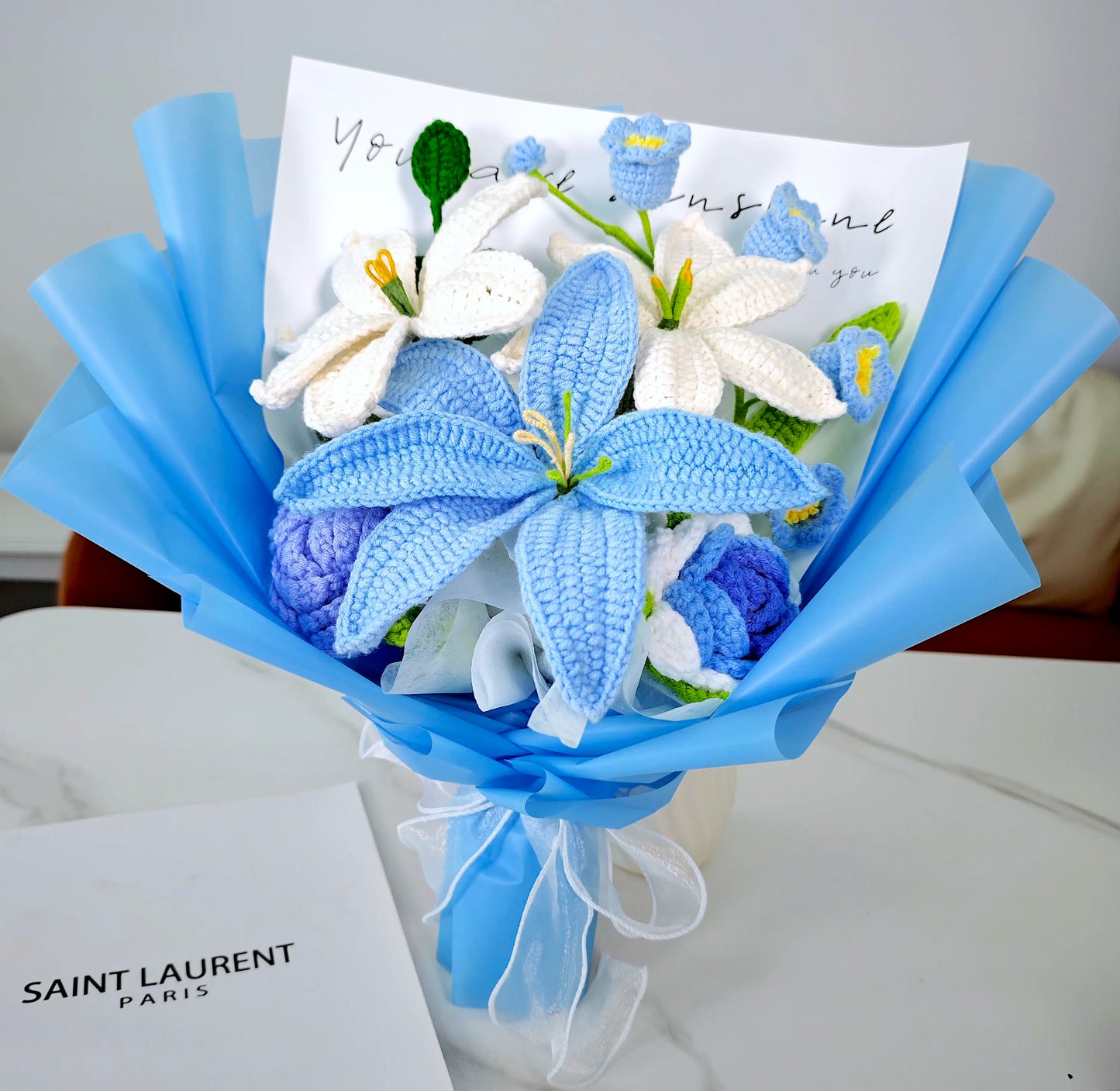 Blue Crochet Lily Rose Lily of the Valley Bouquet