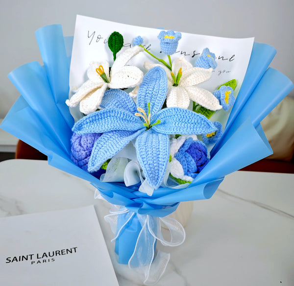 Blue Crochet Lily Rose Lily of the Valley Bouquet