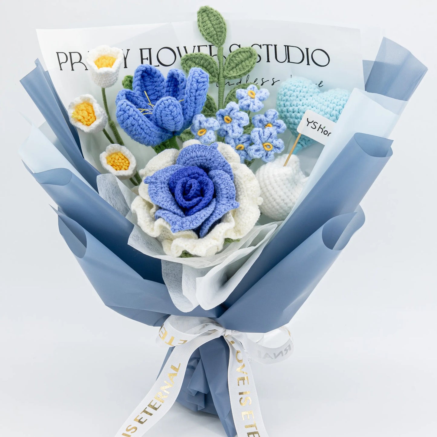Crochet Thai Rose Tulip Heart Bouquet-Blue