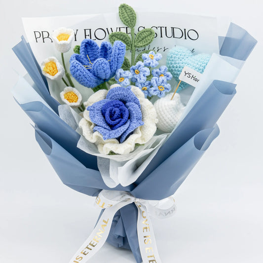 Crochet Thai Rose Tulip Heart Bouquet-Blue