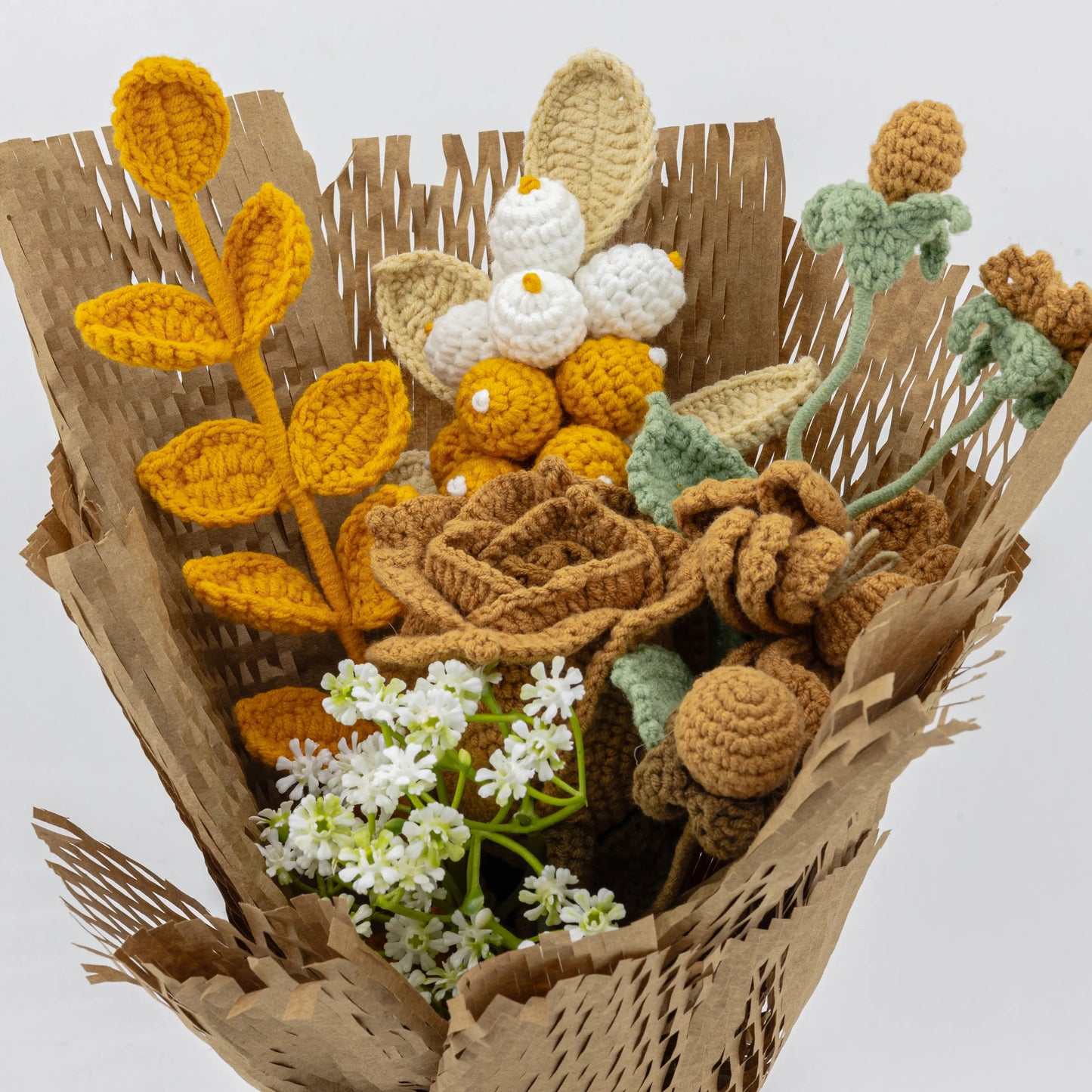 Crochet Brown Rose Bouquet with Kraft Paper Wrapping