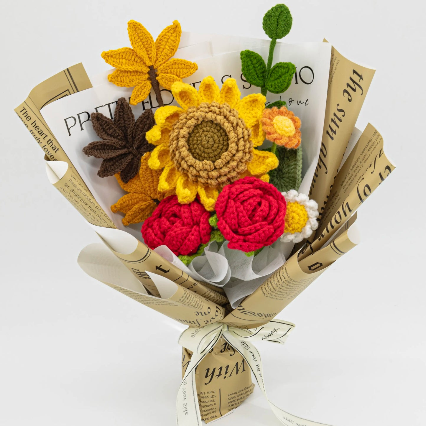 Crochet Sunflower Red Rose Maple Bouquet