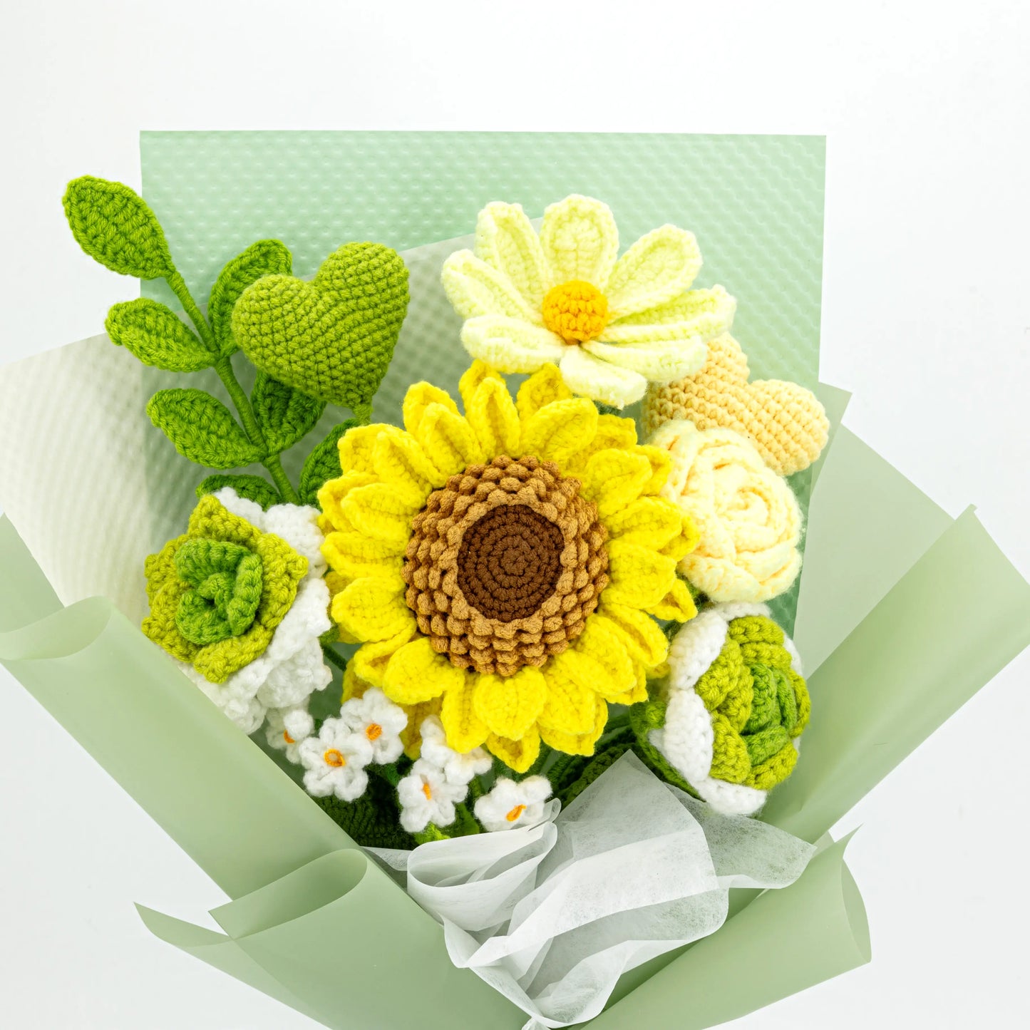 Green Crochet Big Sunflower Rose Heart Bouquet